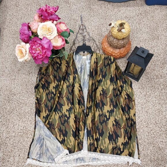 Jeaniemade Jackets & Blazers - 3039 Size XL Shawl Vest In Green and Black Camouflage With Lace Trim.